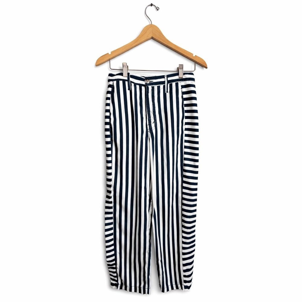MOTHER Navy White Stripe Lyocell Pants Womens Size 25 Straight Prep Greaser USA - Picture 2 of 9